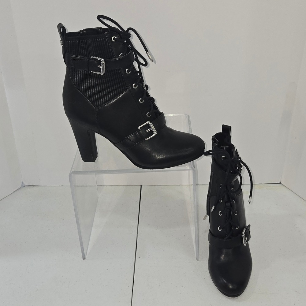 Sam Edelman Skylar Black Leather Lace Up Buckle Heeled Ankle Boots Womens 7M